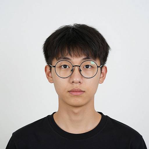 Photograph of an Asian male with short black hair, round glasses, and black shirt, facing forward against a plain white background.