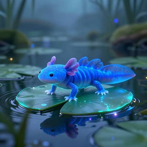 Digital artwork of a glowing blue, finned, frog-like creature with pink ears, standing on a luminescent lily pad in a mystical,