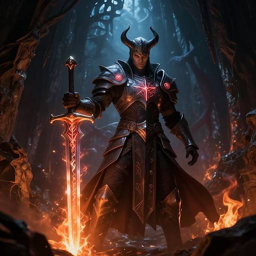 Dark fantasy digital art: armored warrior with horned helmet, glowing red runes, and fiery sword, standing in a smoky, fiery cavern.