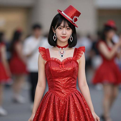 Photograph of an Asian woman with short black hair in a sparkly red dress and small red hat, standing confidently in a blurred outdoor urban setting with