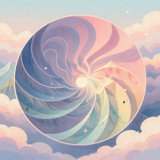 Digital illustration of a swirling, iridescent sphere blending pastel blues, purples, and pinks, set against a soft, cloudy sky.