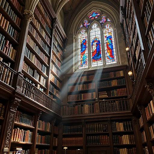 Photograph of a grand, gothic-style library with tall, arched stained glass windows, sunlight streaming through, illuminating rows of dark wooden book