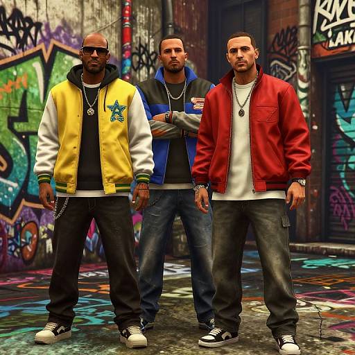 Three men in urban streetwear stand in a graffiti-covered alley; one in yellow jacket, one in blue jacket, one in red jacket. Digital art