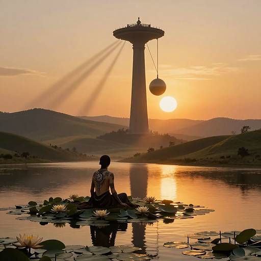 Silhouetted figure with tribal tattoo sitting on lily pads in serene lake at sunset, gazing at towering, illuminated structure with descending orbs in