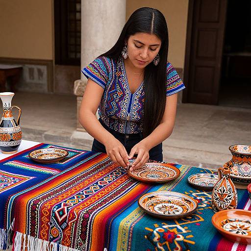 Photograph of a young Latina woman with long black hair, wearing a colorful traditional blouse, decorating ornate ceramic plates on a vibrant, striped tablecloth