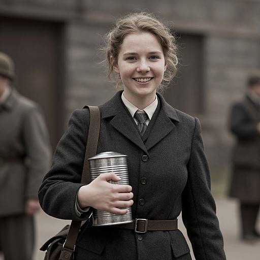Photograph of a smiling young woman in a 1940s-style black coat, holding a metal cup, with blurred men in the background.