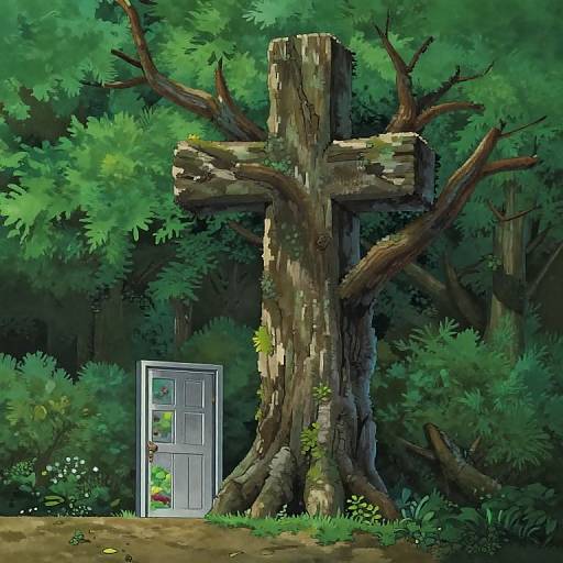 Ghibli-Style Cross Tree with Door