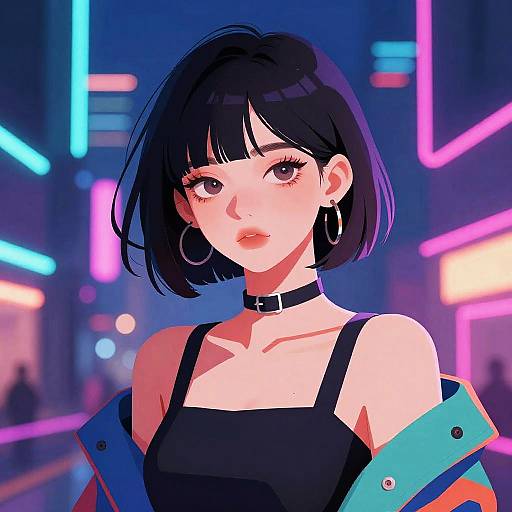 Digital anime-style portrait of a young woman with black bob hair, hoop earrings, black choker, black tank top, and turquoise jacket, in a