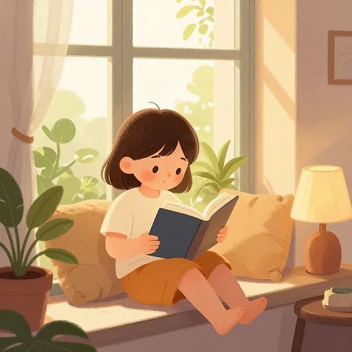 Digital illustration of a young child with short black hair, wearing a white shirt and orange shorts, reading a book on a sunlit window seat with plants