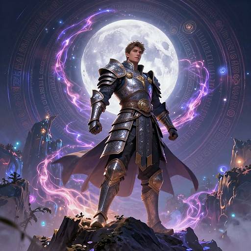 Digital fantasy artwork: Muscular, armored warrior with glowing purple lightning stands on rocky outcrop, full moon behind, futuristic ruins surrounding.