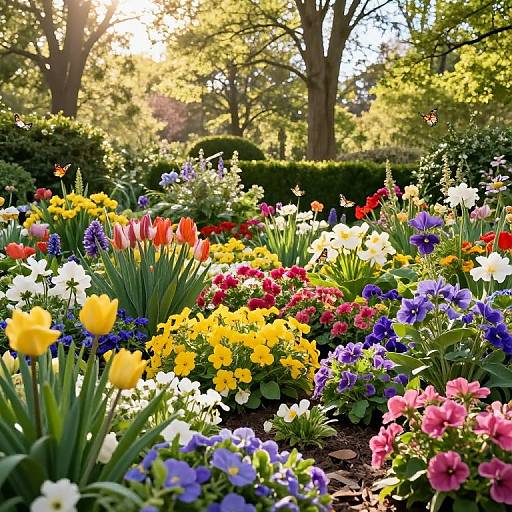 Colorful Spring Garden with Flowers and Butterflies
