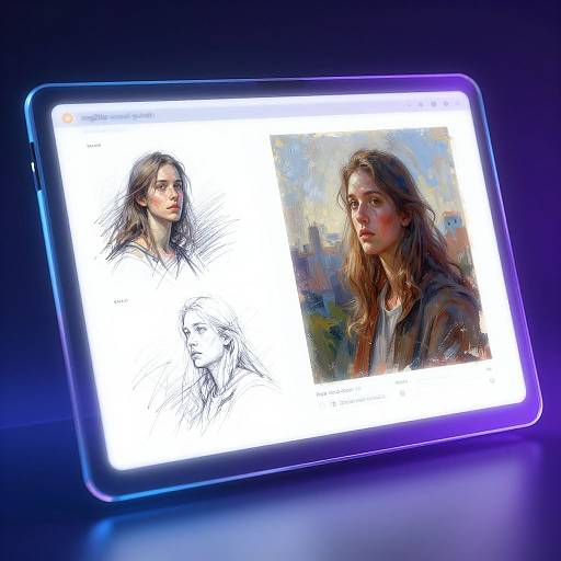 Digital drawing tablet displaying two portraits: a detailed black-and-white sketch and a colorful, realistic painting of a young woman with long brown hair. Bright,
