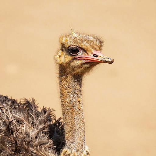 Close-up photograph of an ostrich with fluffy, brown and black feathers, large black eye, and pink beak against a beige background.
