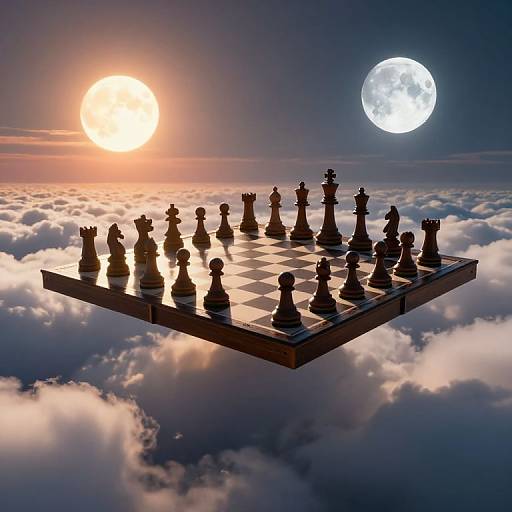 Photograph of a floating chessboard with black and white pieces against a twilight sky, surrounded by clouds, with two full moons.