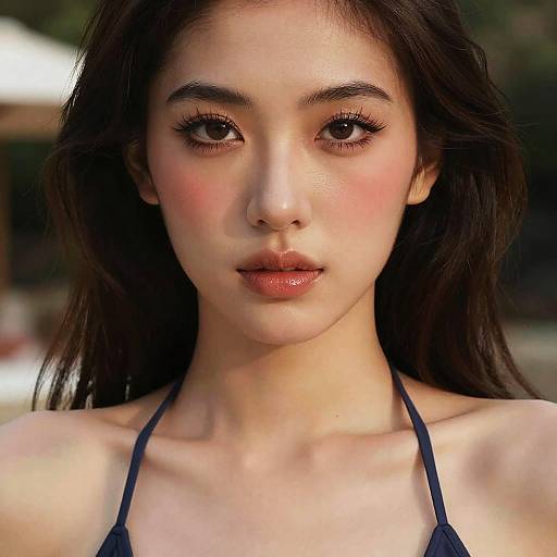 Photograph of an East Asian woman with long dark hair, wearing a black halter top, with fair skin, pink cheeks, and glossy lips,