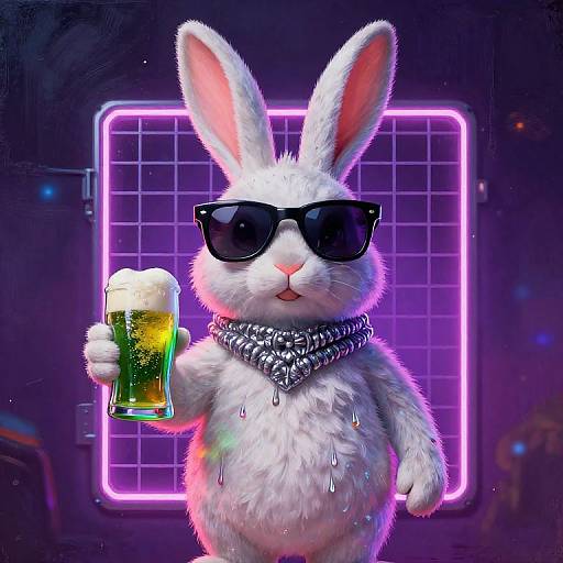 Digital artwork of a white rabbit with pink ears, wearing black sunglasses and a silver bandana, holding a beer with foam, against a neon purple grid
