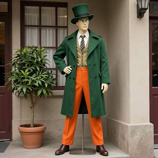 Photograph of a mannequin wearing a dark green top hat, long coat, white shirt, striped tie, gold vest, orange pants, brown
