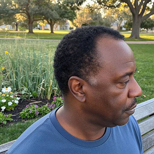Photograph of a middle-aged African American man with short curly hair, wearing a blue shirt, looking to the right in a sunny park with grass,