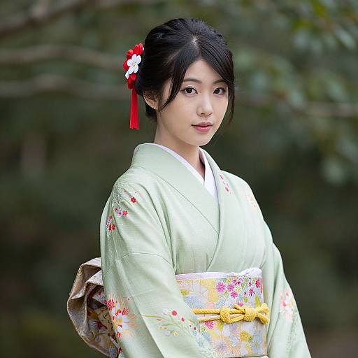 Photograph of an Asian woman in a white floral kimono with red and yellow obi, black hair adorned with white and red flower pins, standing