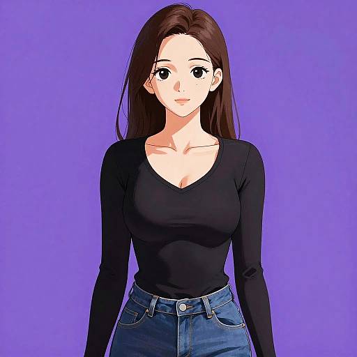 Anime-style digital drawing of a young woman with long brown hair, black V-neck shirt, and blue jeans, against a solid purple background.