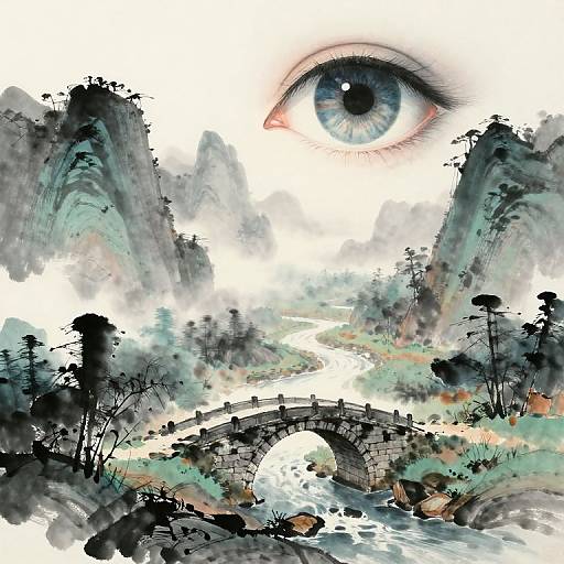 Digital art: A hyper-realistic blue eye dominates the upper right, overlooking a misty, surreal landscape with a stone arch bridge over a flowing river