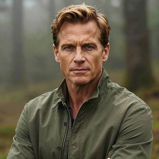 Photograph of rugged, middle-aged man with blue eyes, light brown hair, wearing a green button-up shirt, standing in a misty forest.