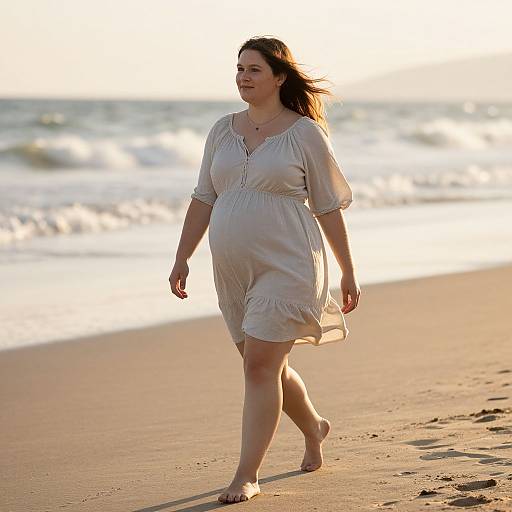 Photograph of a pregnant woman with long brown hair, wearing a white, short-sleeved, bohemian-style dress, walking barefoot along
