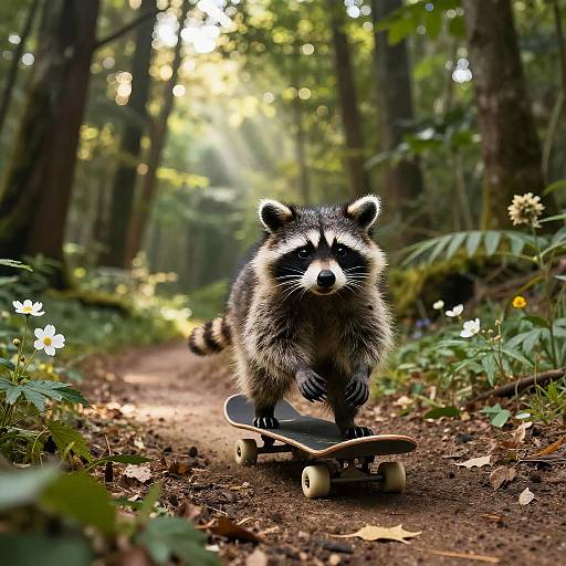 Photograph of a raccoon riding a skateboard on a forest path, surrounded by sunlight filtering through trees and dappled wildflowers.