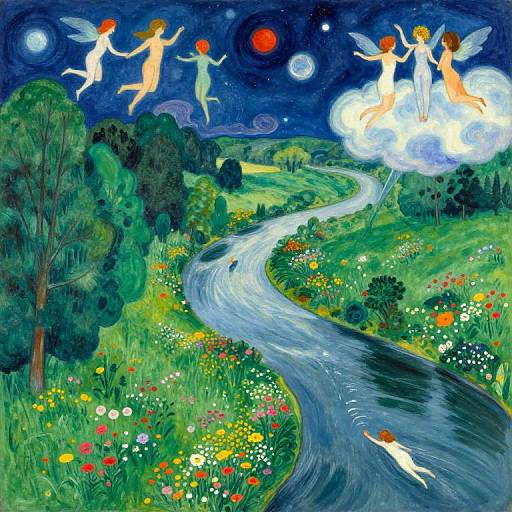Whimsical painting: Angels with wings float in sky over colorful meadow, winding river, and trees; moon, stars, and sun illuminate night