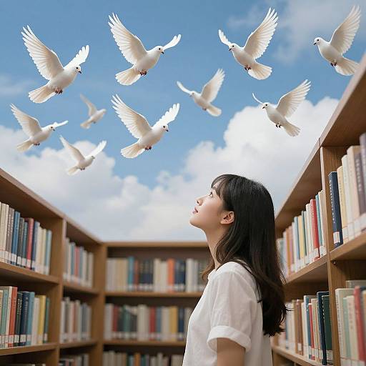 Photograph of an Asian woman with long black hair, wearing a white shirt, gazing upward at white doves flying in a bright blue sky,