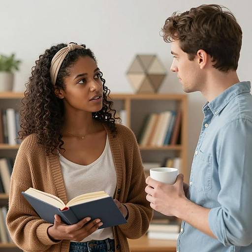 Multiracial Couple Conversing in Library