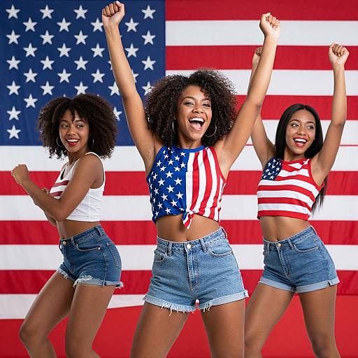 Three smiling women with curly and straight black hair, wearing American flag crop tops and denim shorts, raise arms in front of an American flag backdrop. Photograph