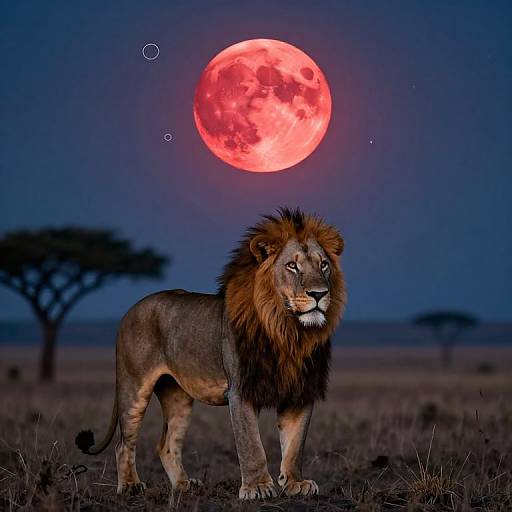 Photograph of a majestic male lion with a dark mane standing in a savanna at night, with a glowing red full moon and stars in the deep