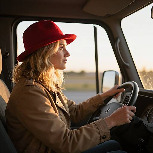 Blonde Woman Driving at Golden Sunrise
