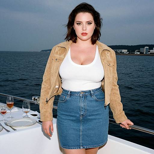 Photograph of a fair-skinned woman with dark hair, red lipstick, wearing a white tank top, beige jacket, and blue denim skirt, standing