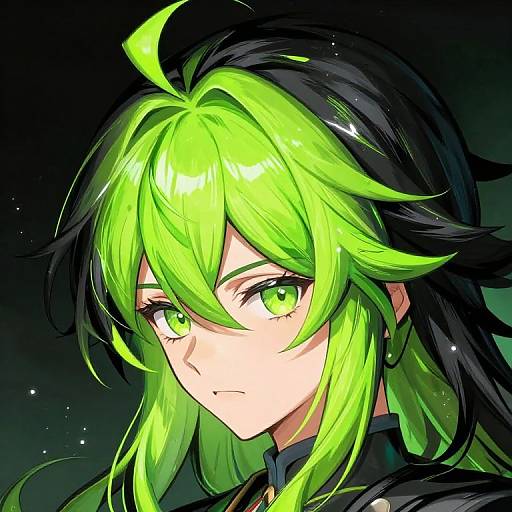 Digital anime-style portrait of a green-eyed character with neon green and black hair, set against a dark, starry background.