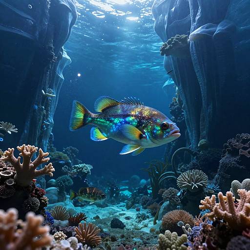 Photograph of a vibrant, iridescent fish with yellow and blue fins swimming amidst colorful coral reefs and rocky underwater caverns, illuminated by sunlight filtering