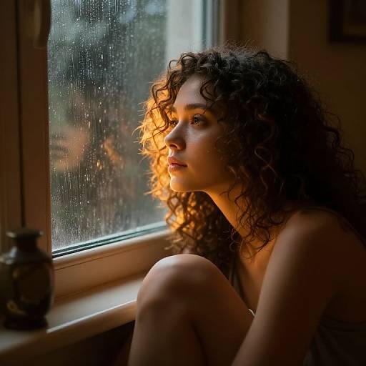 Photograph of a curly-haired woman with fair skin, sitting by a rain-streaked window, bathed in warm, golden sunlight, looking contempl