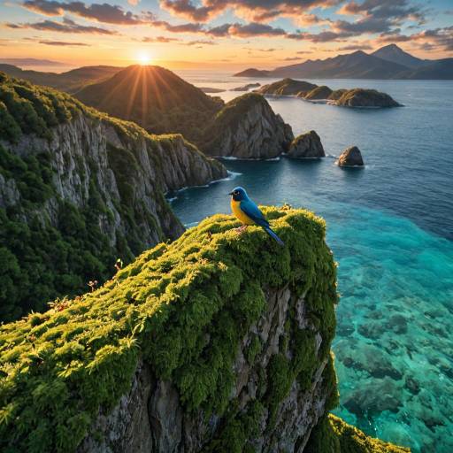 Tropical Sunset with Colorful Bird Perched