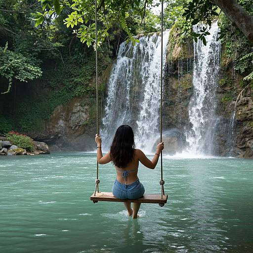 Woman on Swing Over Turquoise Pool