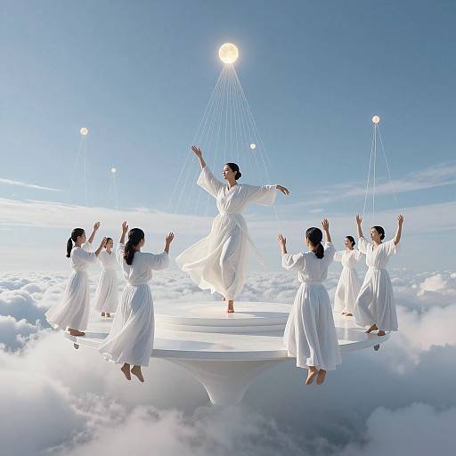 Photograph of six Asian women in white robes dancing on a floating platform above clouds, surrounded by sunlit rays, against a blue sky.
