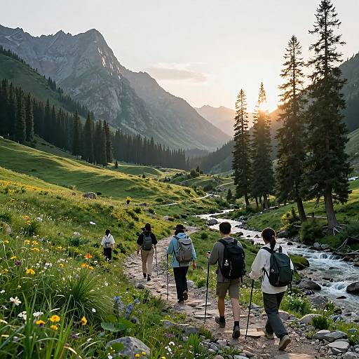Photograph of five hikers with backpacks walking along a rocky stream in a lush, mountainous valley at sunset, surrounded by pine trees and vibrant