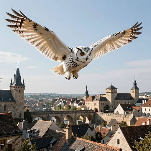 Photograph of a white owl with black spots mid-flight over a medieval European town featuring stone towers and rooftops under a clear blue sky.