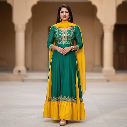Photograph of a young South Asian woman in a green and yellow traditional dress with gold embroidery, standing in an arched, sandy-colored courtyard, wearing