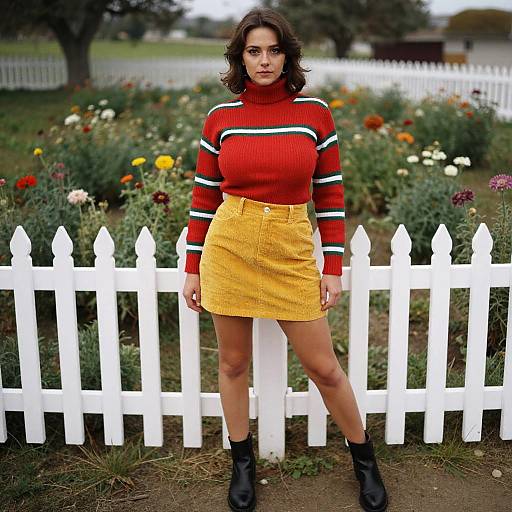 Photograph of a woman with wavy dark hair, wearing a red striped sweater, yellow corduroy skirt, and black boots, standing in front