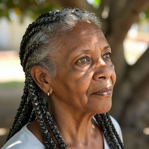 Photograph of an elderly Black woman with gray braids, silver hair, wearing a white top, standing outdoors with a tree in the background. She