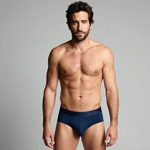 Photograph of a muscular, bearded man with dark hair, wearing navy blue briefs, standing against a plain light gray background.