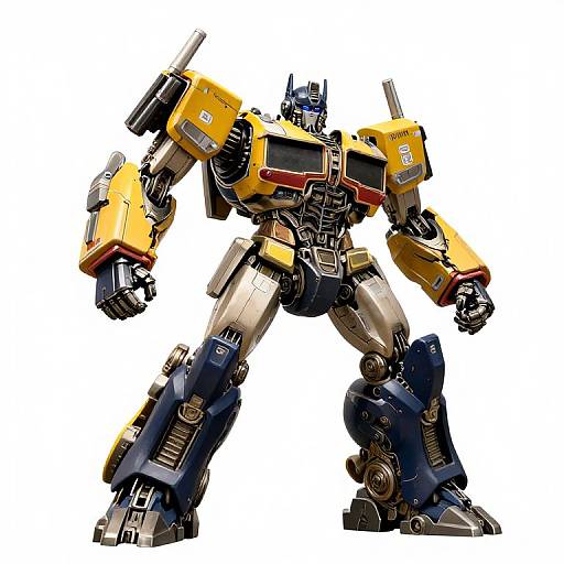 Photograph of a detailed, yellow and blue, humanoid robot with mechanical limbs, multiple joints, and intricate paneling, standing against a white background.