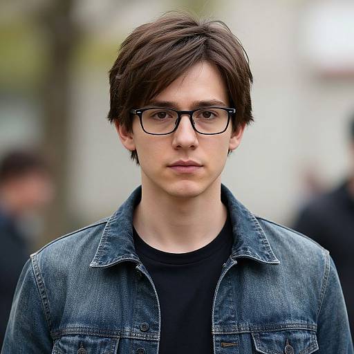 Photograph of a young Caucasian man with dark brown hair, wearing black-rimmed glasses, a black t-shirt, and a blue denim jacket,