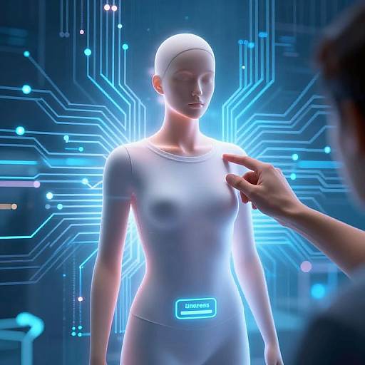 Digital CGI image of a glowing, featureless, white female android with a neon blue circuit background, being touched by a hand.